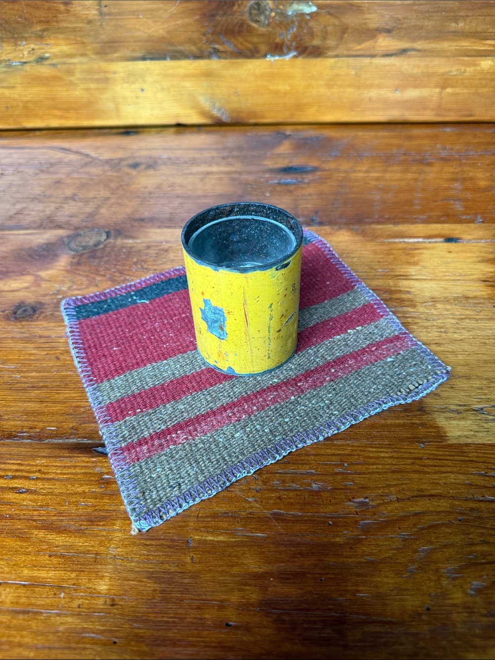 Handwoven Striped Wool Coaster in Red and Olive Brown